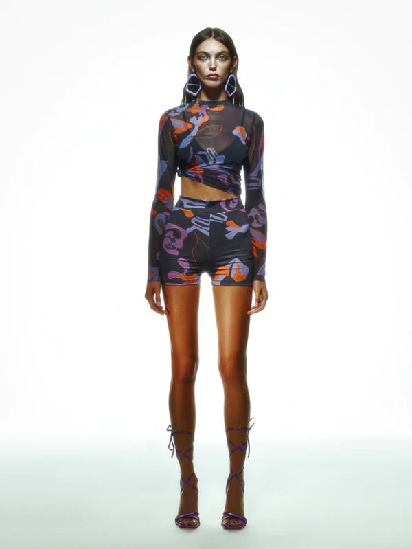 Tainted Flower Mesh Top In Black