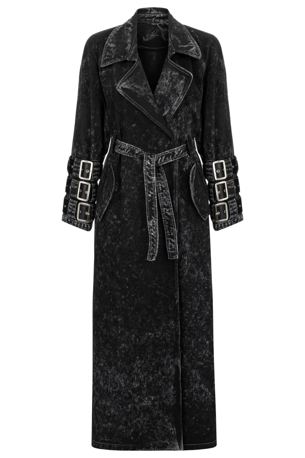 Voidwalker Trench Coat In Black Acid Wash