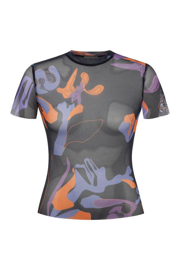 Tainted Flower Half Sleeve Mesh Top In Black