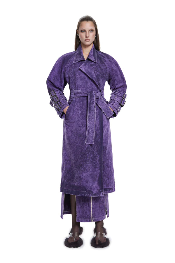 Voidwalker Trench Coat In Purple Acid Wash