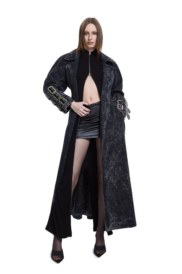 Voidwalker Trench Coat In Black Acid Wash