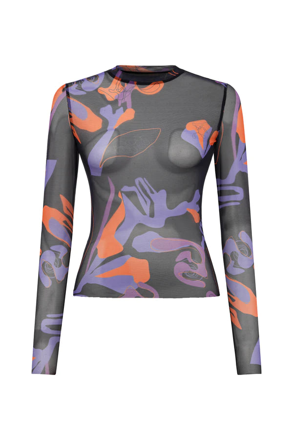 Tainted Flower Mesh Top In Black