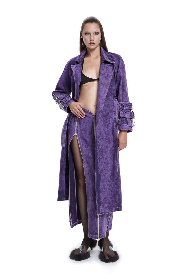 Voidwalker Trench Coat In Purple Acid Wash