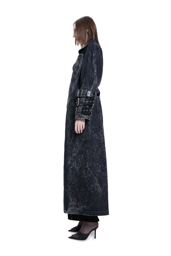 Voidwalker Trench Coat In Black Acid Wash