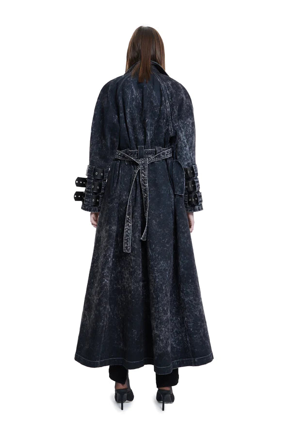 Voidwalker Trench Coat In Black Acid Wash