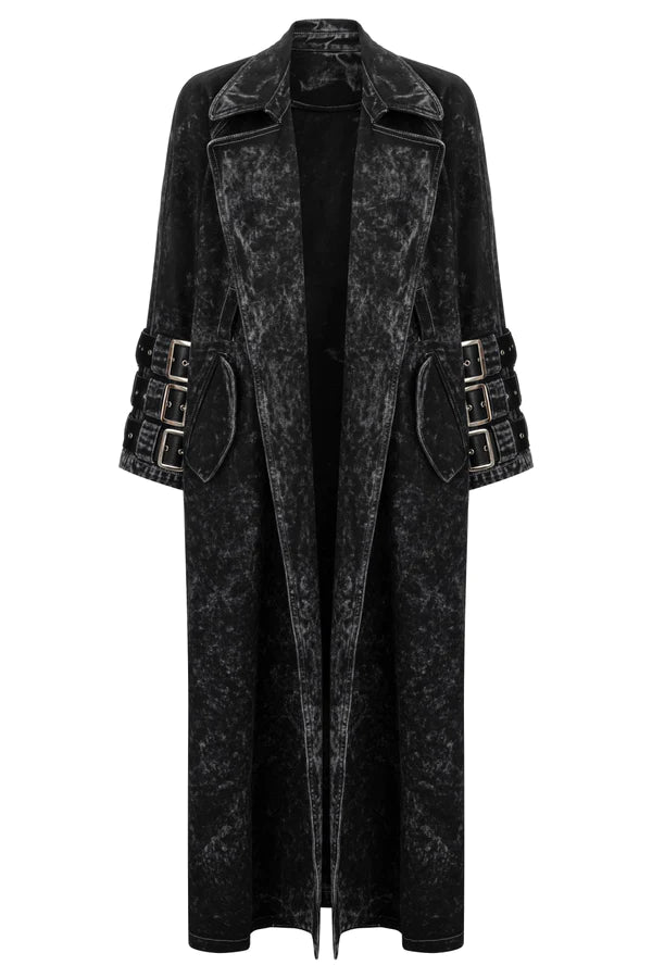 Voidwalker Trench Coat In Black Acid Wash