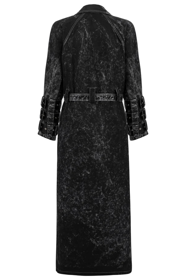 Voidwalker Trench Coat In Black Acid Wash
